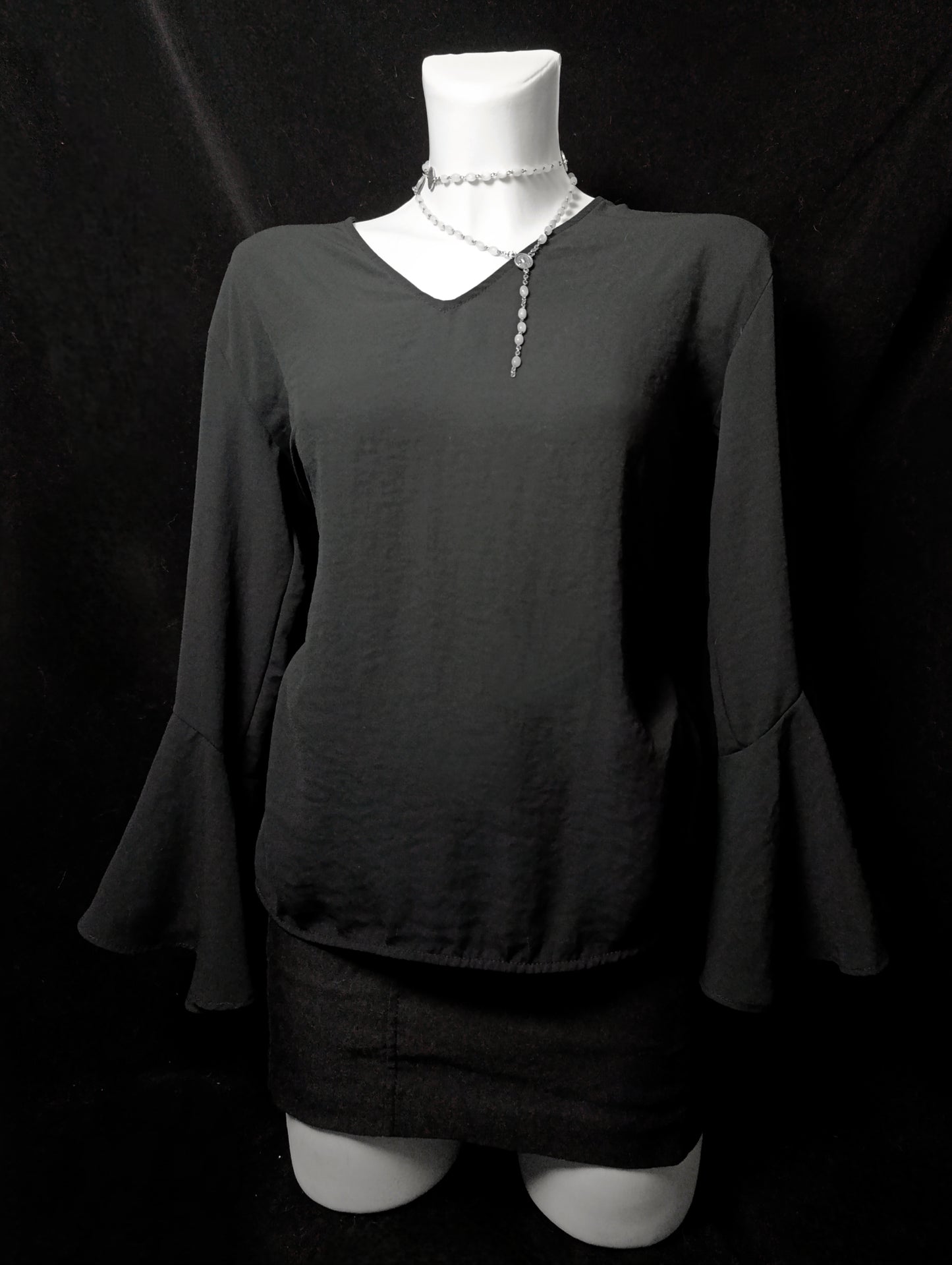 Black blouse with wide sleeves and ruffles