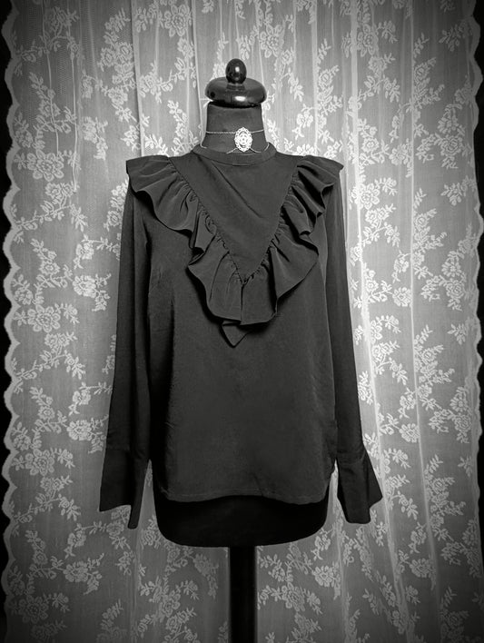 Elegant black blouse with a ruffle on the neckline 🖤