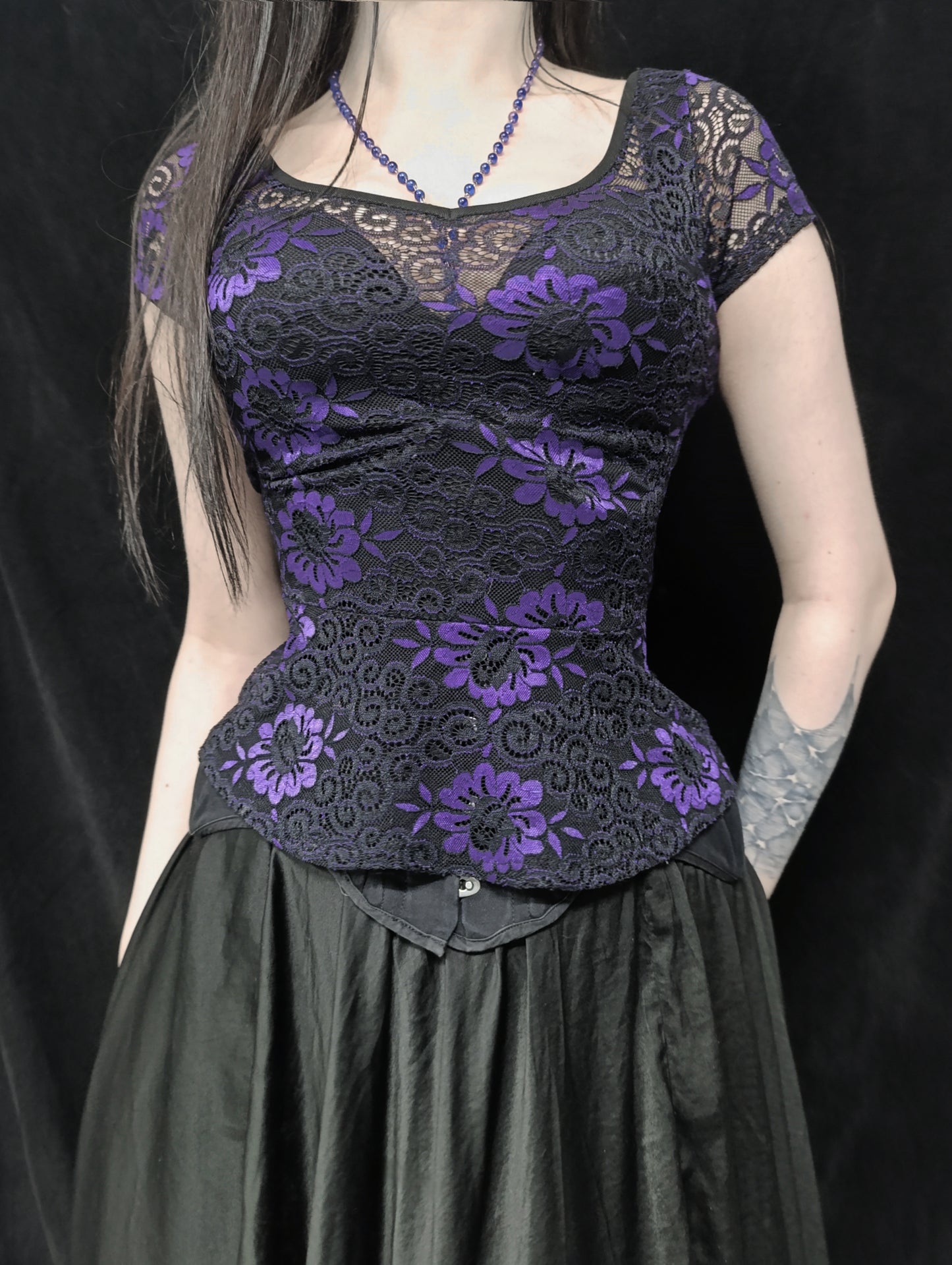 Purple Black Lace Blouse 𖤐⭒๋࣭